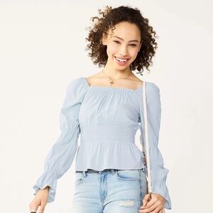 SO Long Sleeve Cropped Smocked Waist Top Size Small JUNIORS Pale Blue NWT